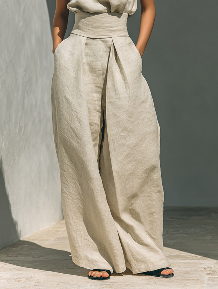 Summer ready women's linen sleeveless top and wide-leg pant two-piece casual outfit set.