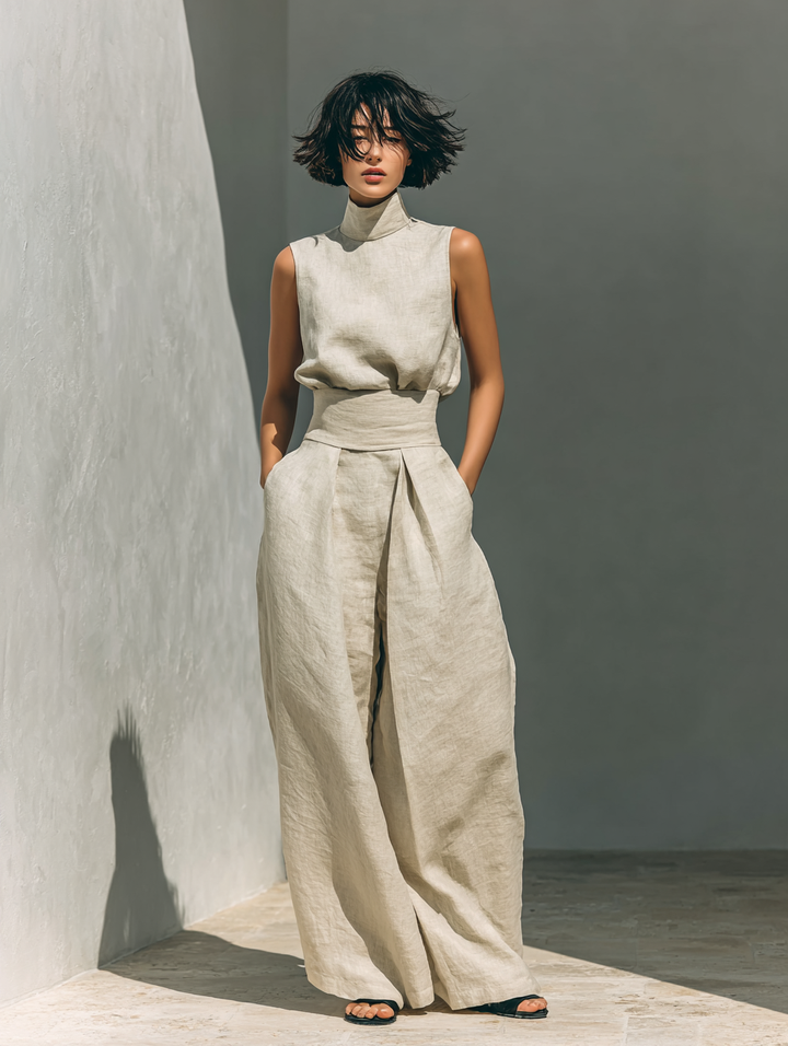 Elegant women's linen roll neck sleeveless top and matching wide leg pants set.