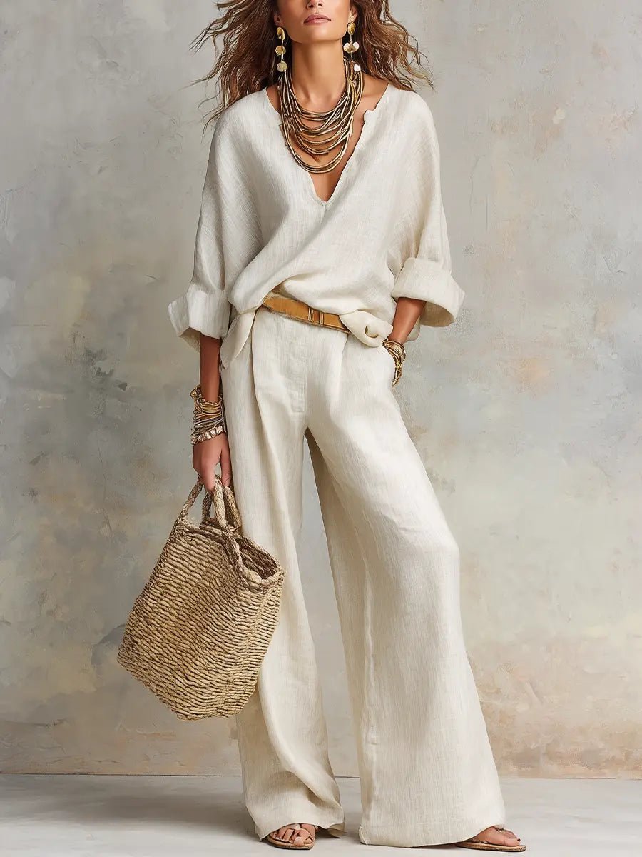 Women's linen wide leg V-neck set, perfect for a relaxed summer vacation or casual wear.