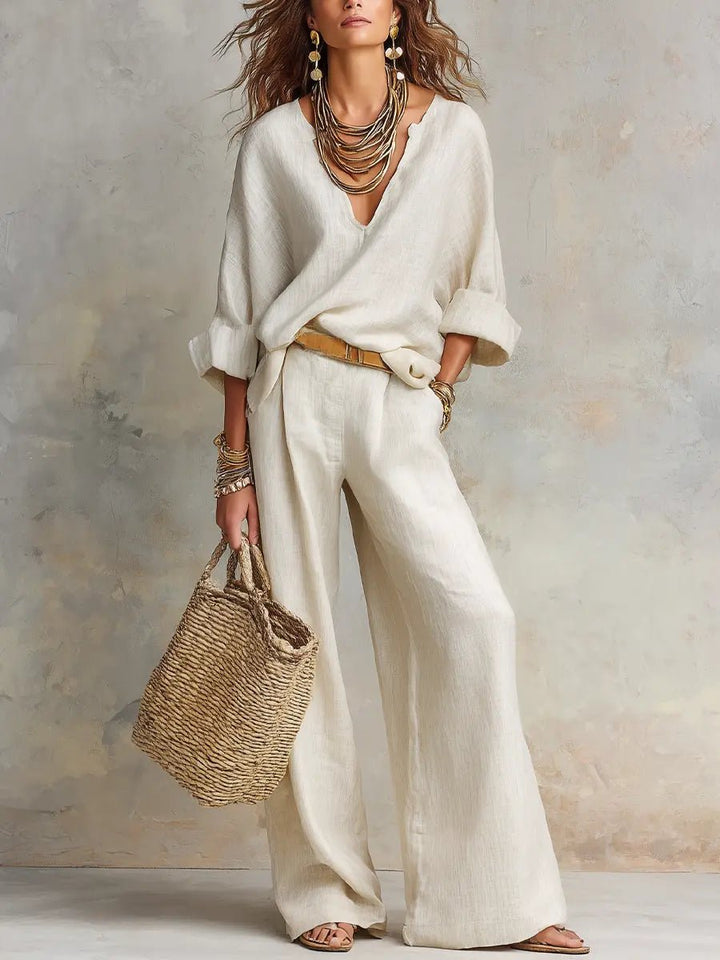 Women's linen wide leg V-neck set, perfect for a relaxed summer vacation or casual wear.