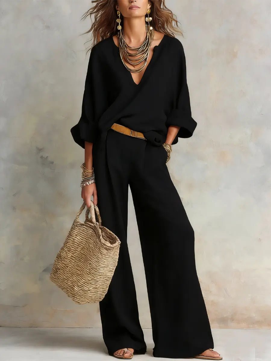 Comfortable two-piece linen wide leg V-neck set for women, offering effortless style for summer.
