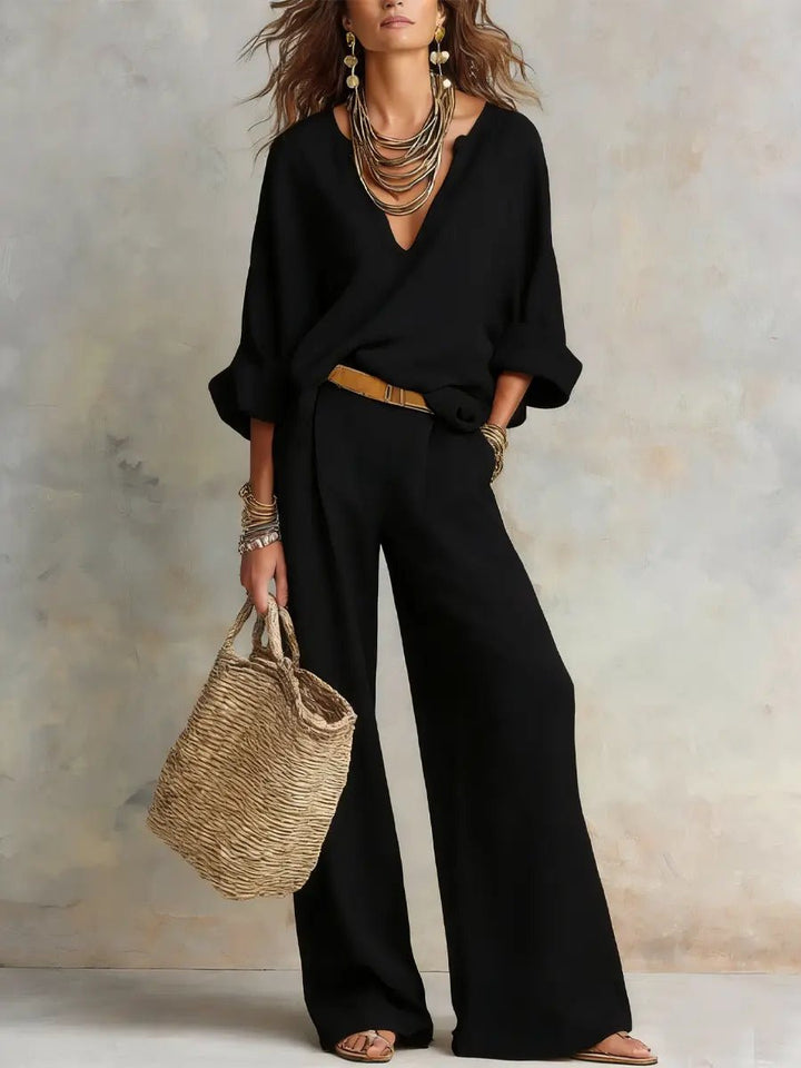 Comfortable two-piece linen wide leg V-neck set for women, offering effortless style for summer.