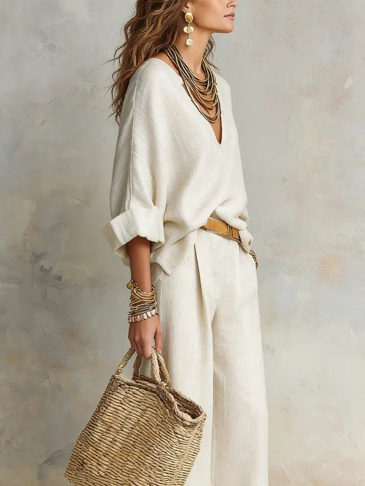 Breathable linen wide leg V-neck set for women, providing a comfortable and stylish casual look.