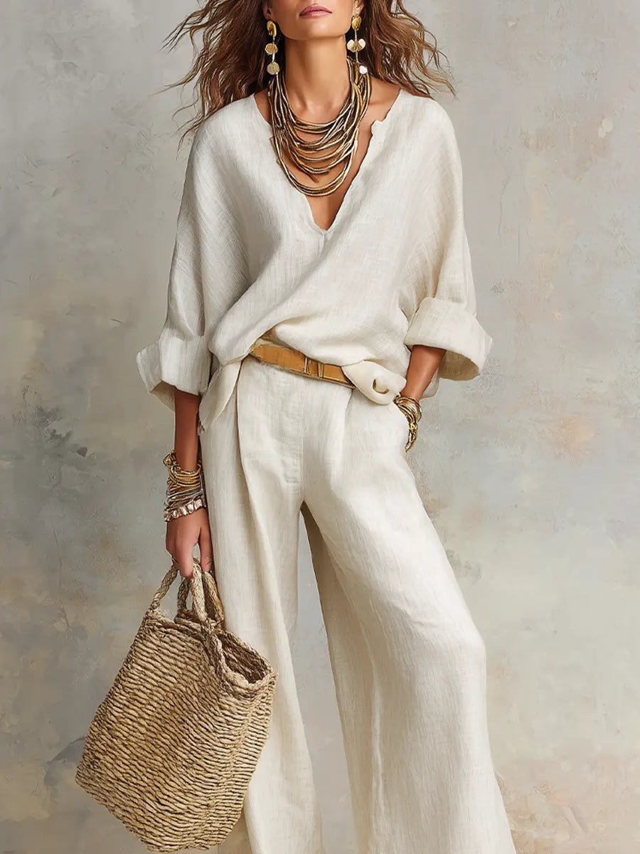 Complete women's casual linen wide leg and V-neck top set, perfect for vacation and daily wear.
