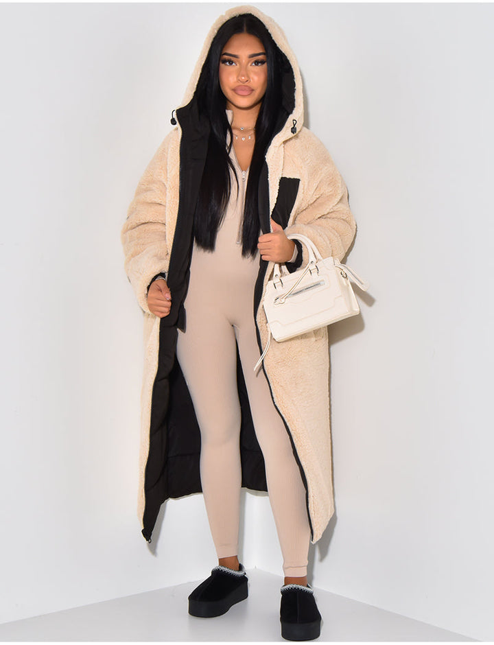 Comfortable women's long hooded puffer coat, an essential warm winter jacket for casual and cold weather fashion.
