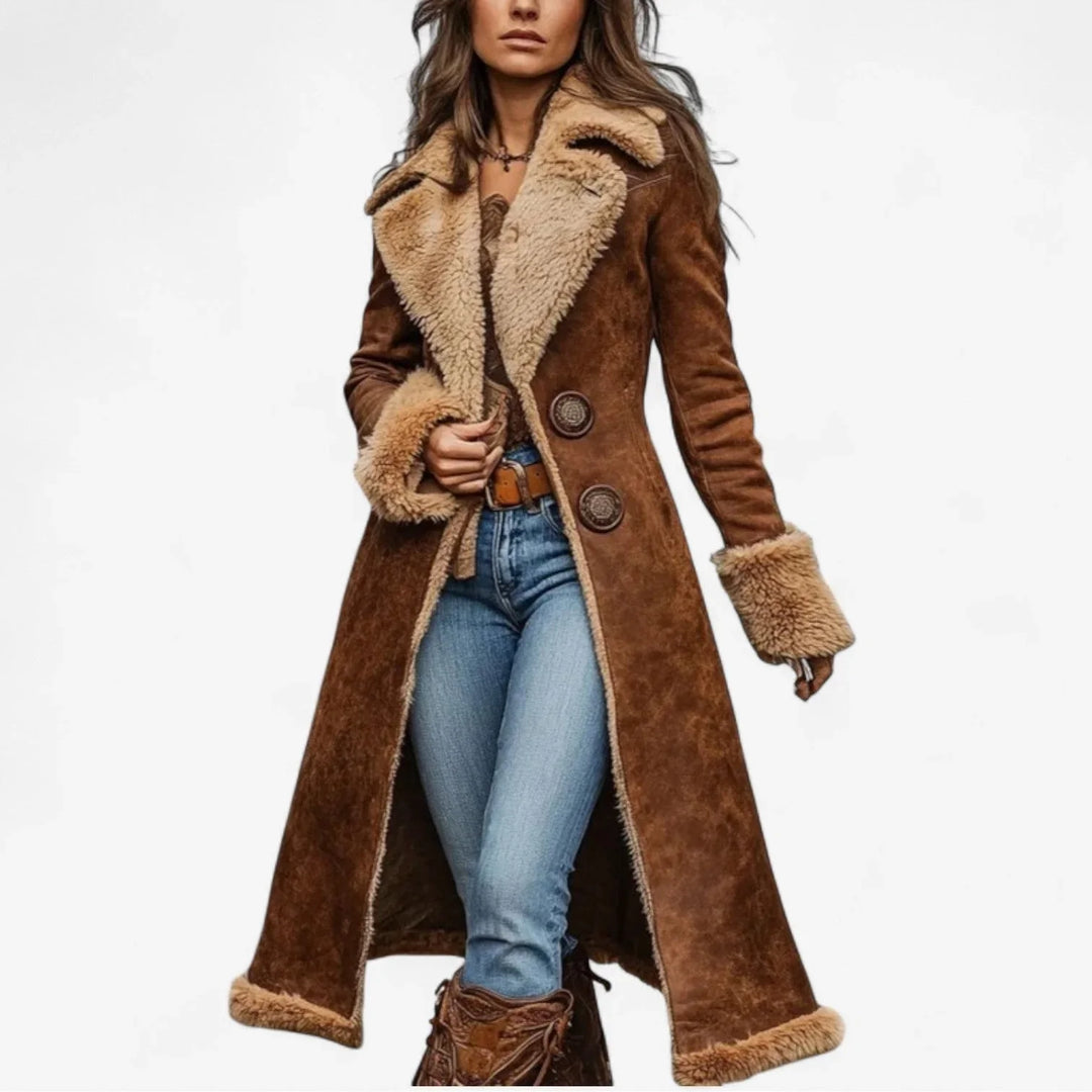 Women's long brown aviator jacket with plush collar & cuffs; a chic, warm winter outerwear for ladies.