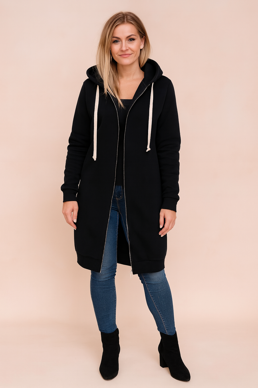 Women's long cozy sweater in elegant knit pattern, perfect for winter fashion.