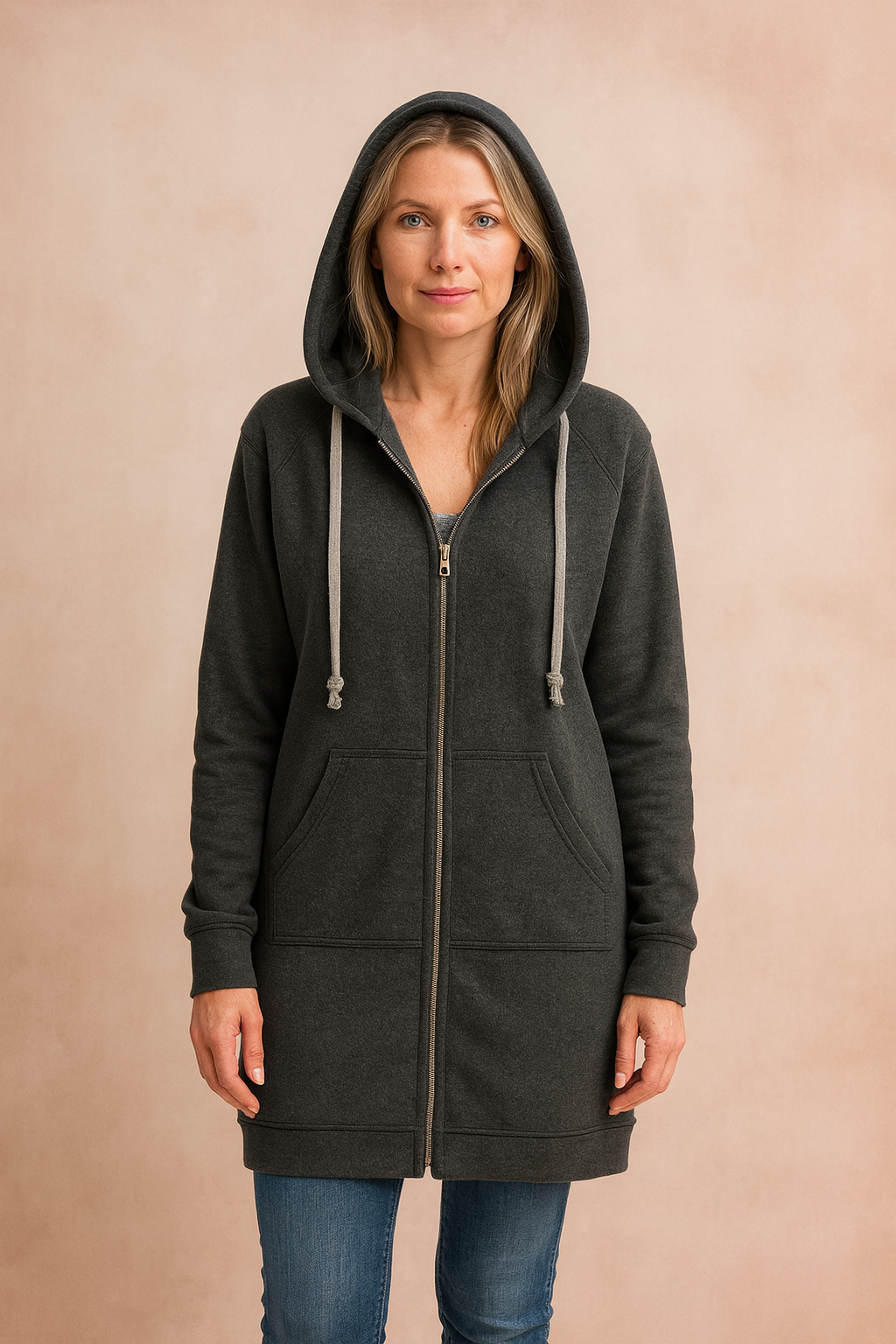 Chic women's fashion: a long, elegant sweater blending comfort and stylish design.