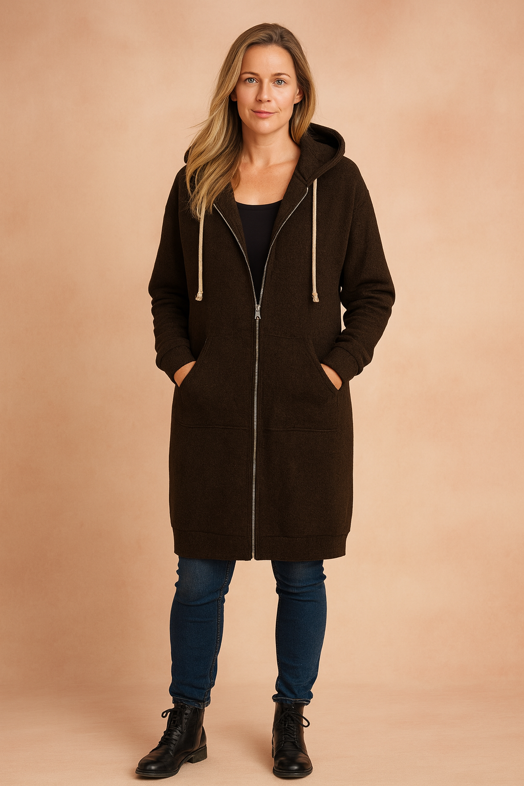 Stylish women's long cozy sweater, showcasing fine knit details for elegant fashion.
