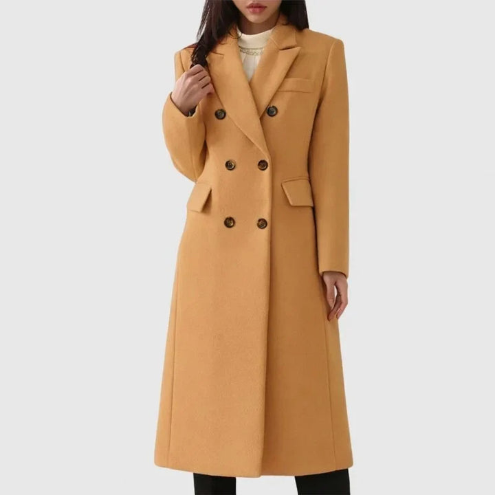 Women's long double-breasted overcoat with notched lapel, perfect for elegant winter and fall fashion.
