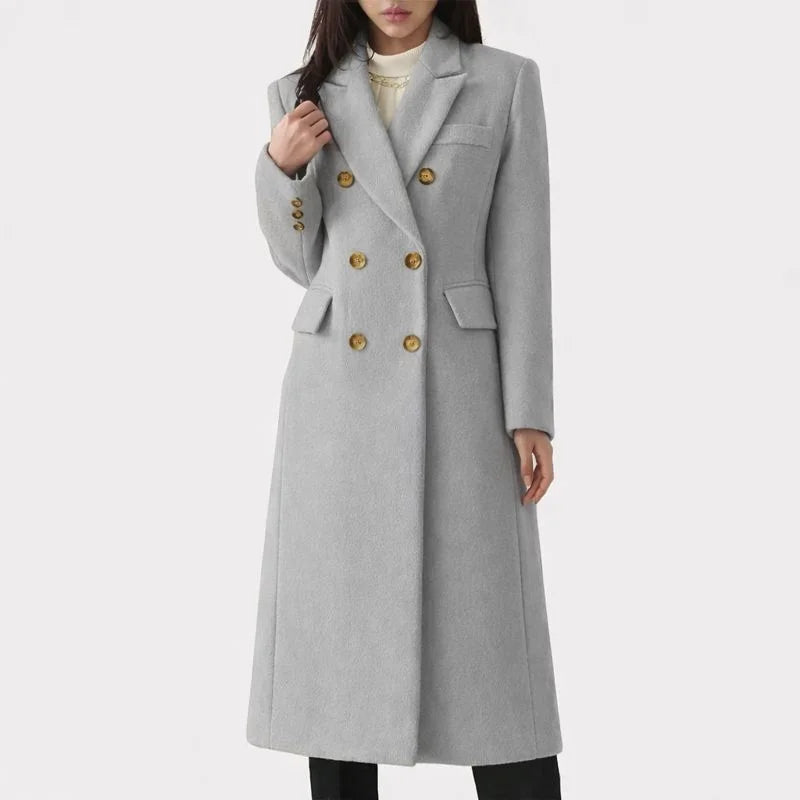 Stylish women's classic double-breasted trench coat with notched lapel for formal outerwear & winter fashion.