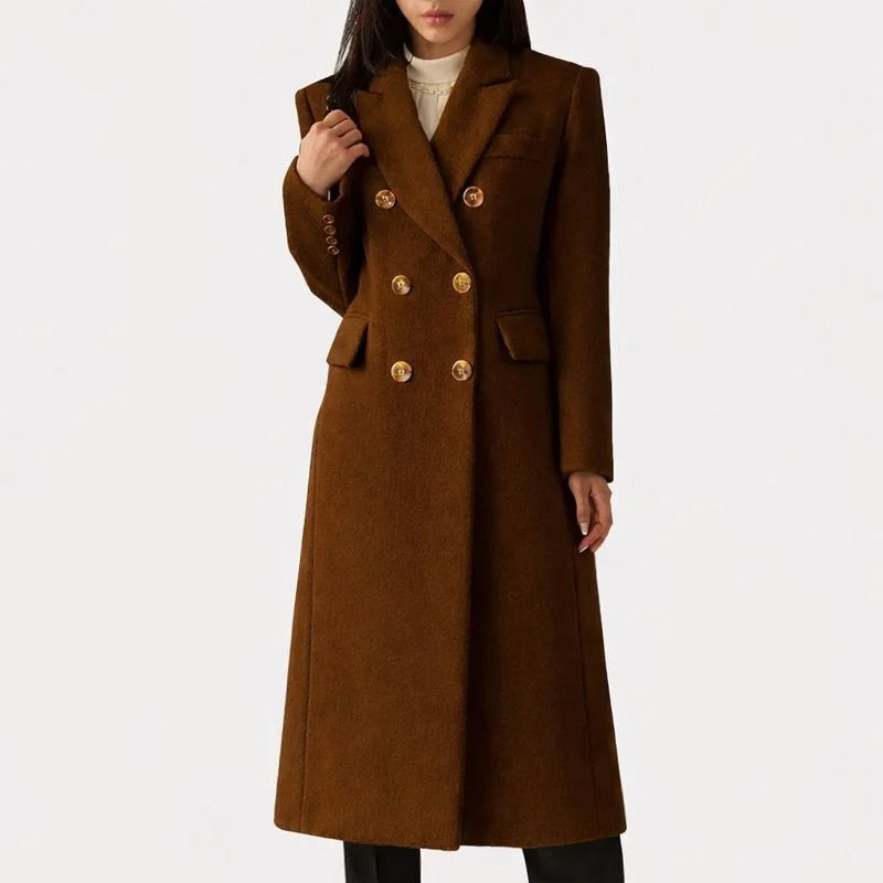 Elegant long women's overcoat, double-breasted design & notched lapel. A sophisticated fall & winter jacket.