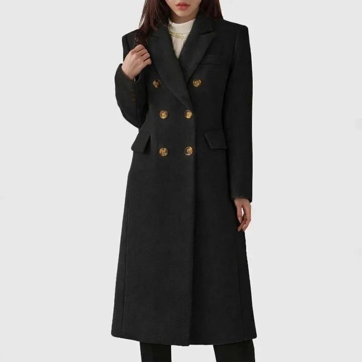 Chic women's double-breasted long coat with notched lapel, ideal for stylish fall and winter outerwear.