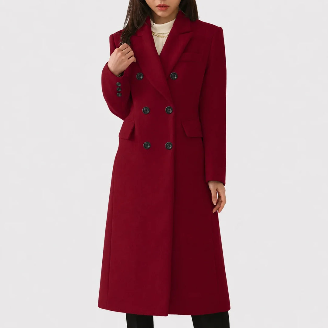 Classic women's long trench coat, double-breasted and notched lapel. Elegant fall & winter fashion outerwear.