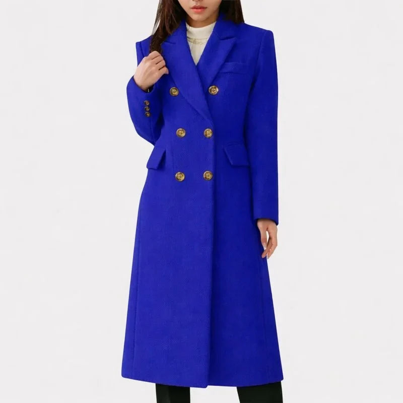 Formal women's long overcoat, featuring double-breasted front & notched lapel. A timeless winter fashion staple.