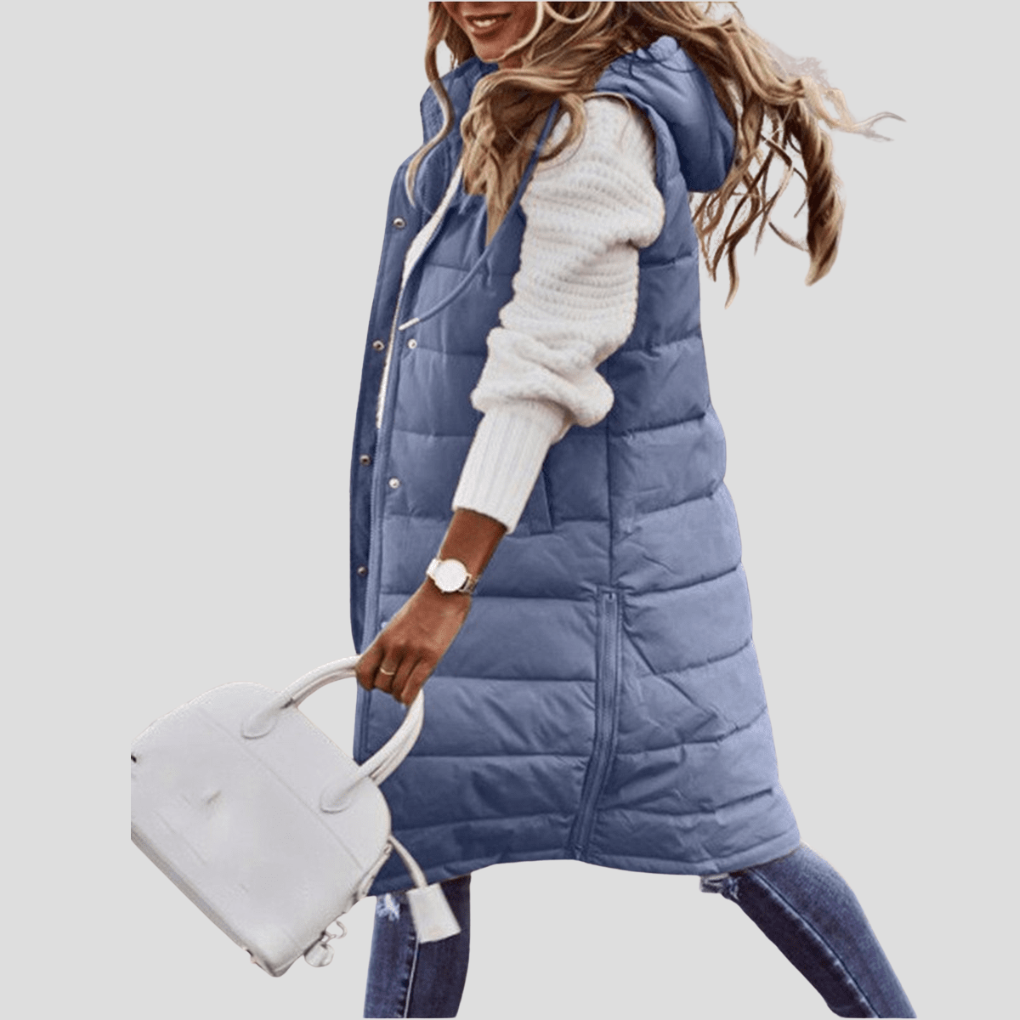 Women's long hooded bodywarmer vest in black, perfect for fall & winter layering. Padded sleeveless jacket.