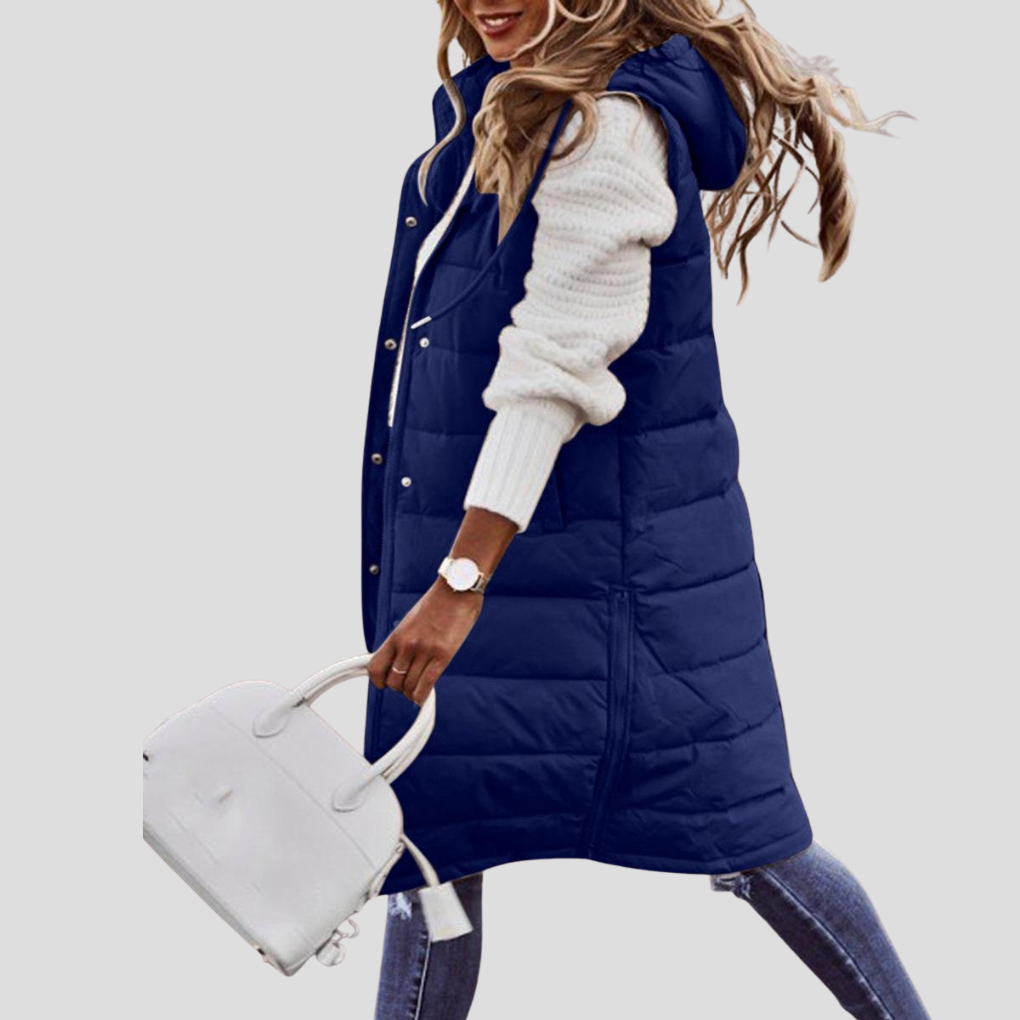 Casual women's long hooded vest, a warm padded bodywarmer & stylish sleeveless jacket for transitional outerwear.