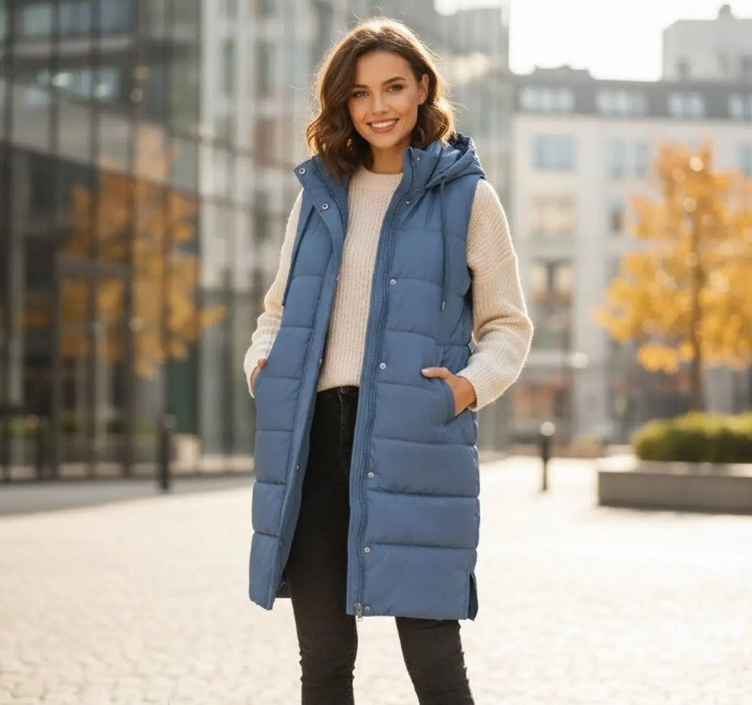 Modern women's long-line hooded puffer vest, quilted sleeveless, a trendy & warm gilet for cold weather style.