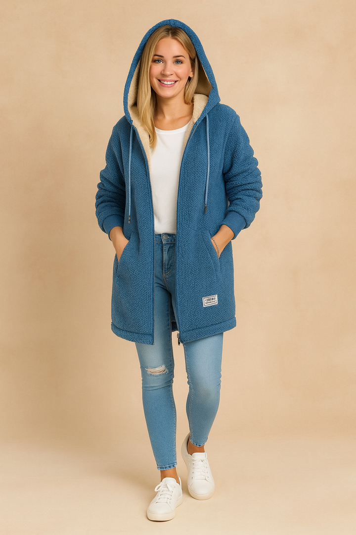 Women's long hooded winter jacket in black, offering stylish and warm protection.
