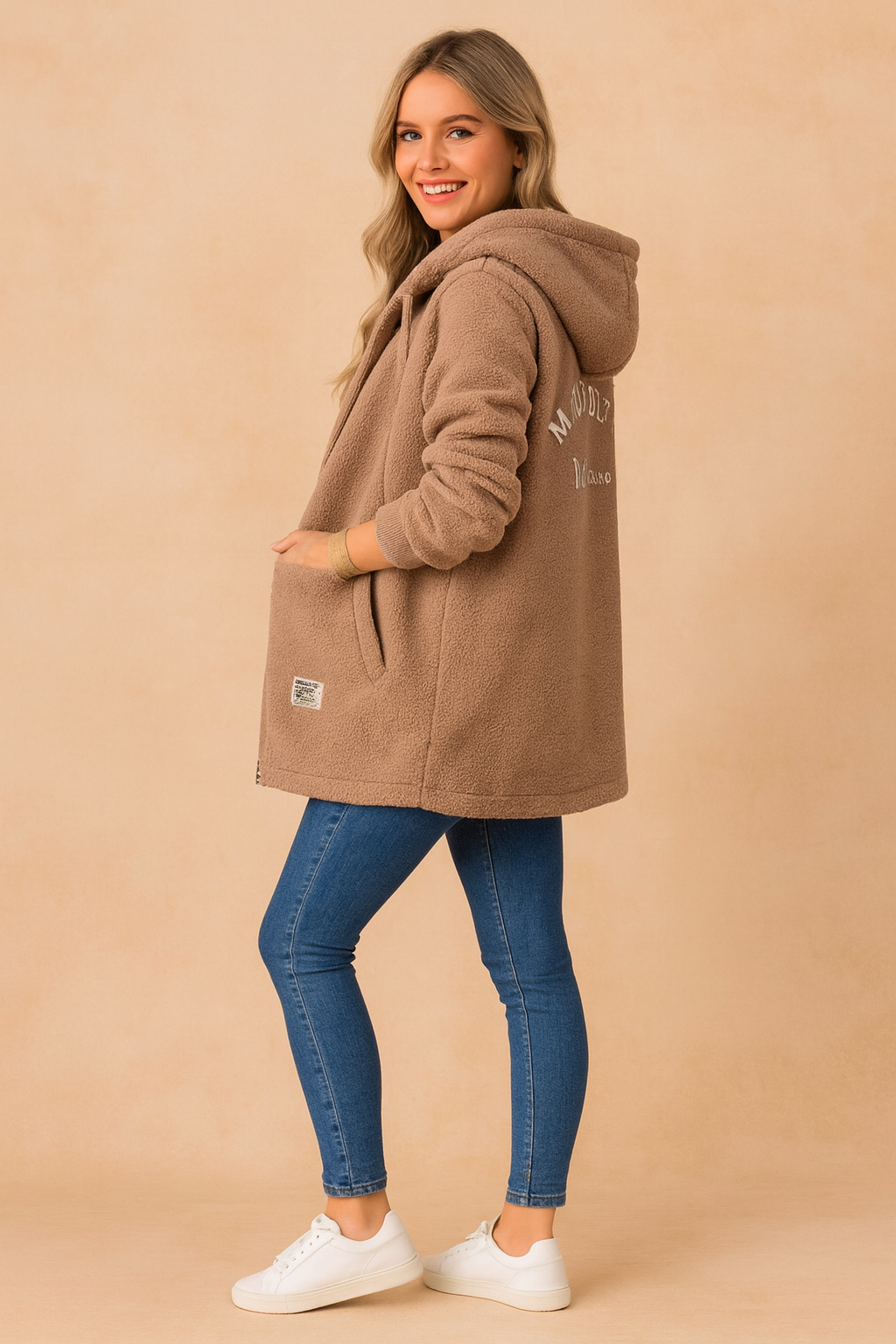 Plus size women's long hooded jacket, perfect for staying warm and fashionable this winter.