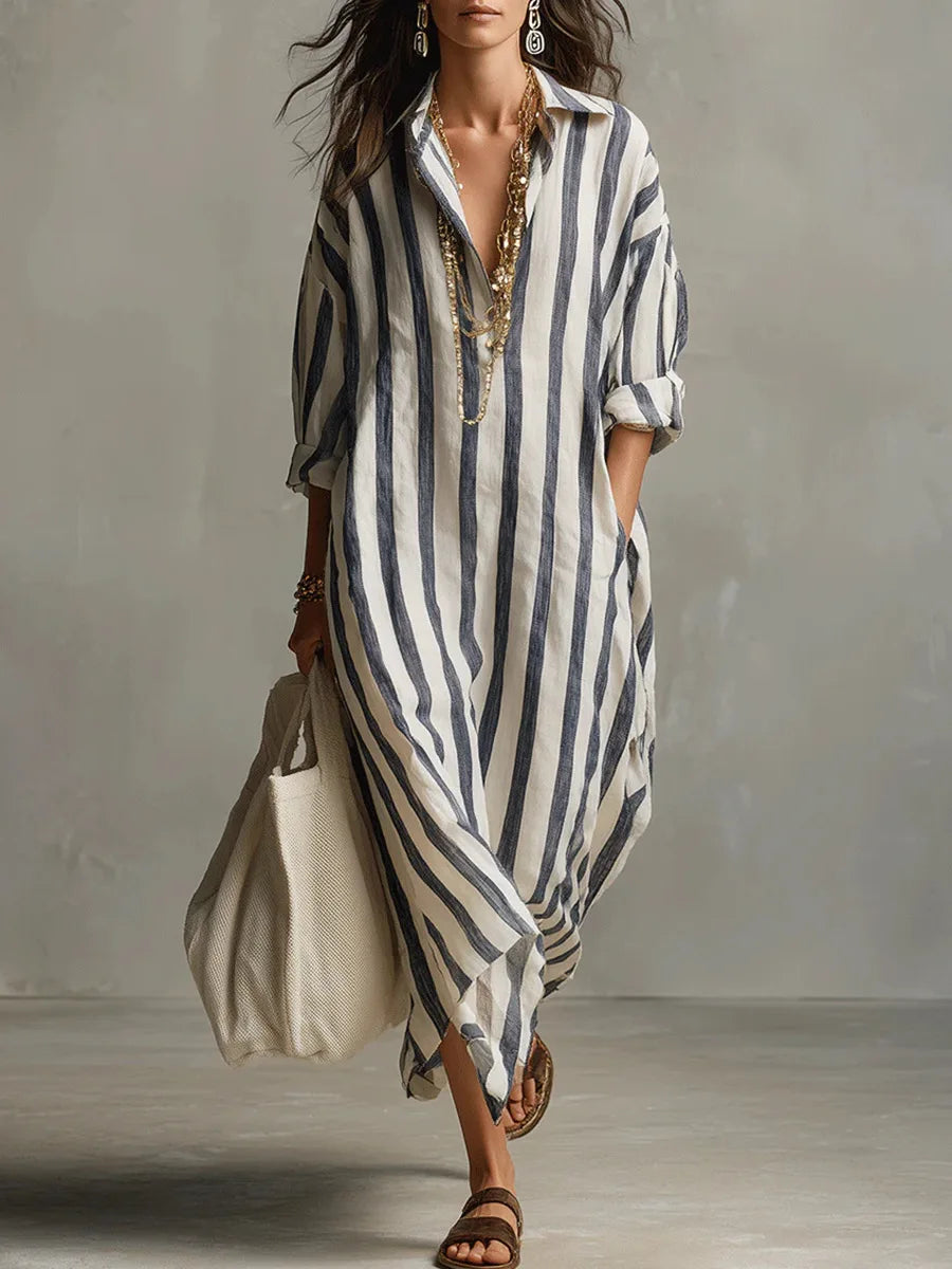 Women's long maxi V-neck striped shirt dress, ideal for casual summer wear.