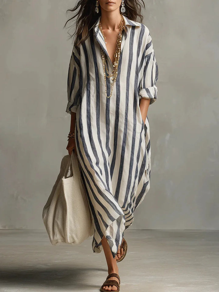 Women's long maxi V-neck striped shirt dress, ideal for casual summer wear.