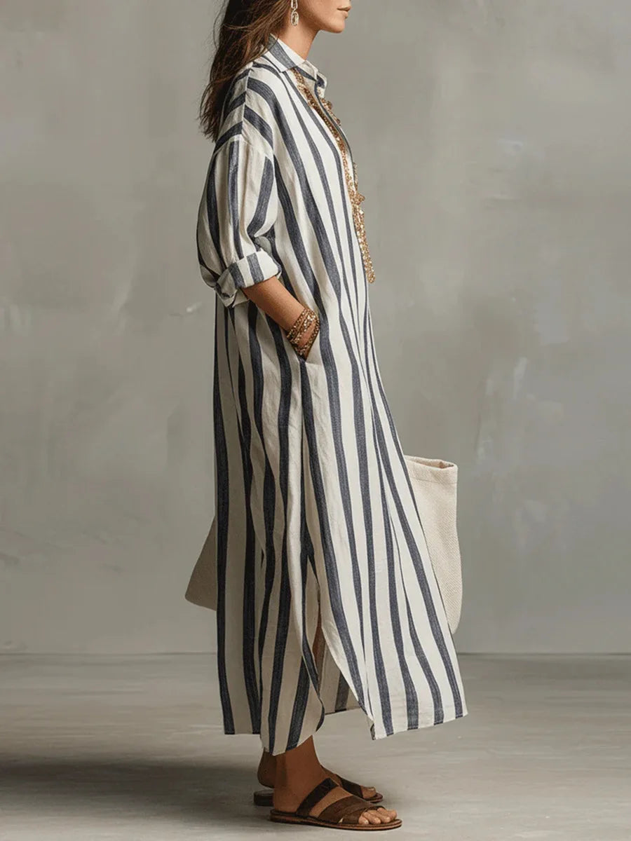 Casual women's striped maxi shirt dress with V-neck, perfect for summer.
