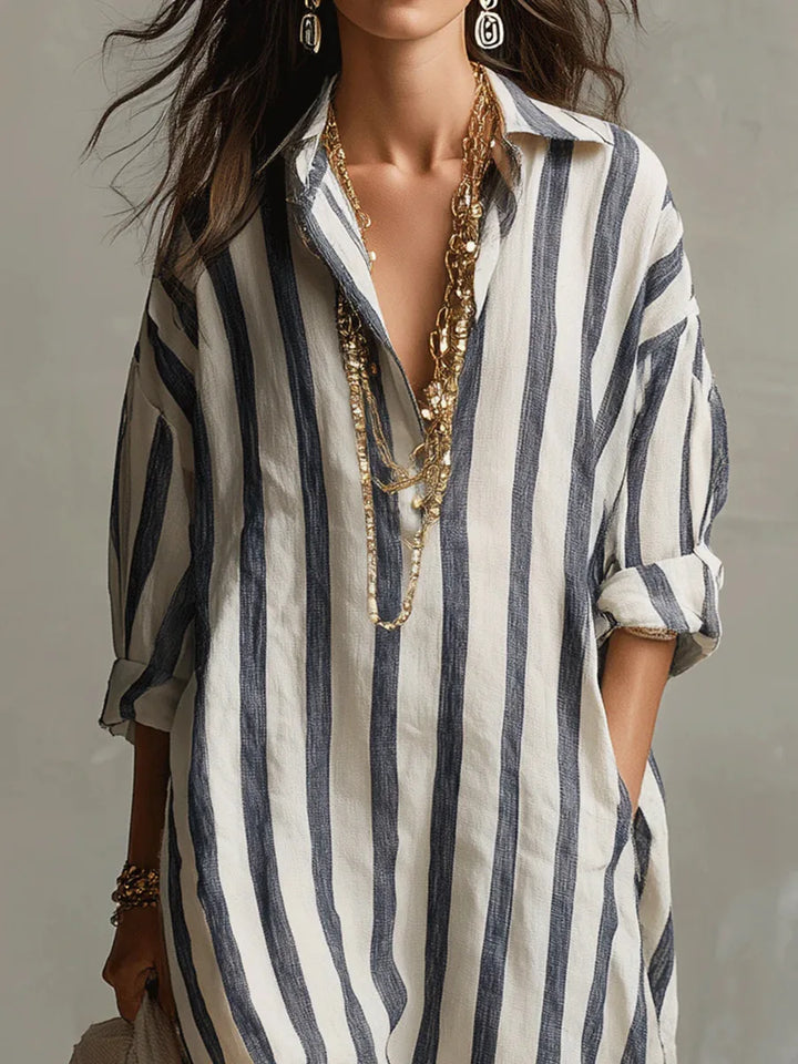 Elegant women's long V-neck striped maxi shirt dress, versatile everyday style.