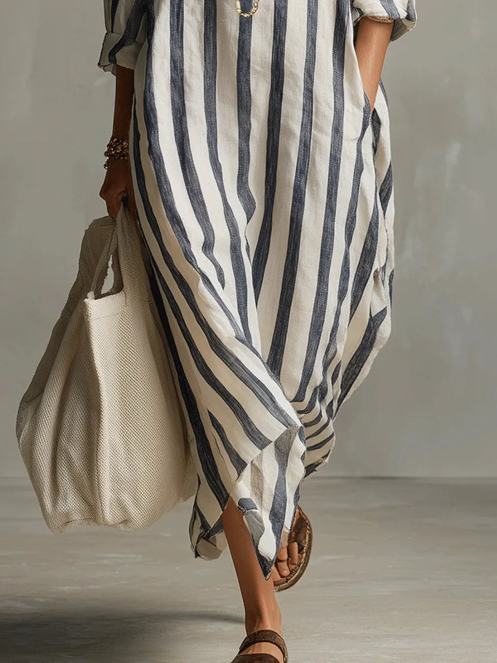 Striped V-neck maxi shirt dress for women, a stylish and comfortable summer outfit.