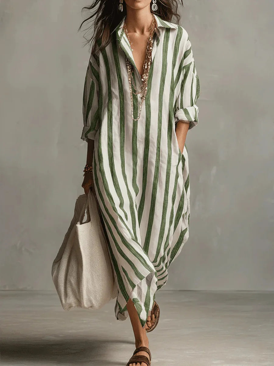 Lightweight women's striped maxi shirt dress with V-neck for warm weather.
