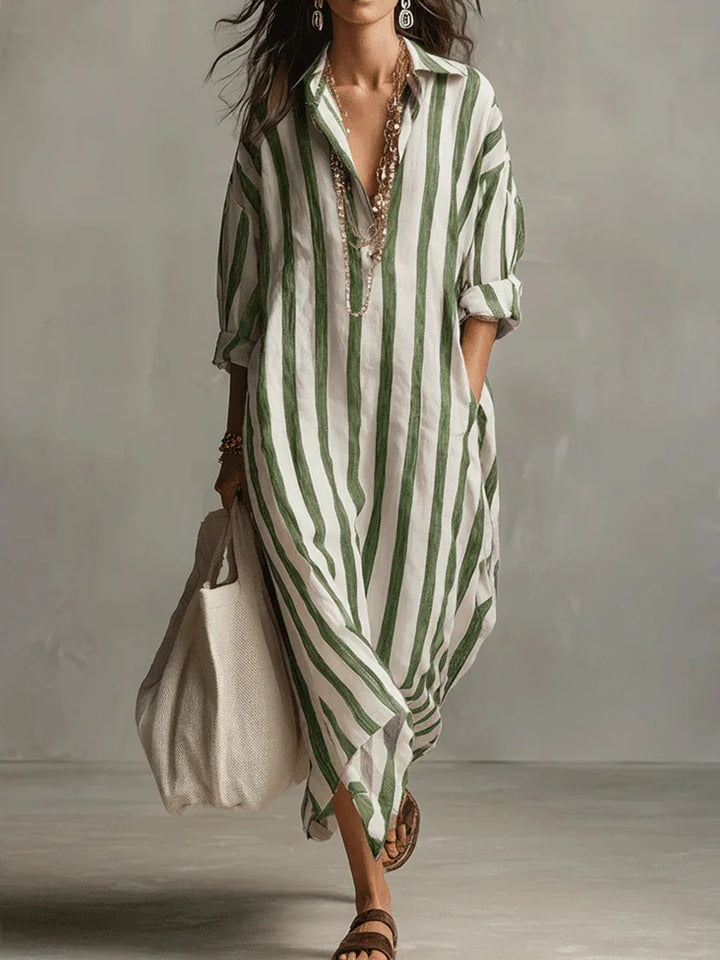 Lightweight women's striped maxi shirt dress with V-neck for warm weather.