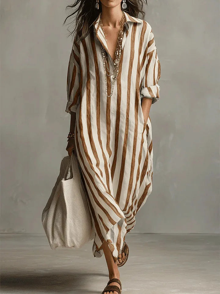 Everyday women's long striped V-neck shirt dress, a chic and relaxed summer staple.