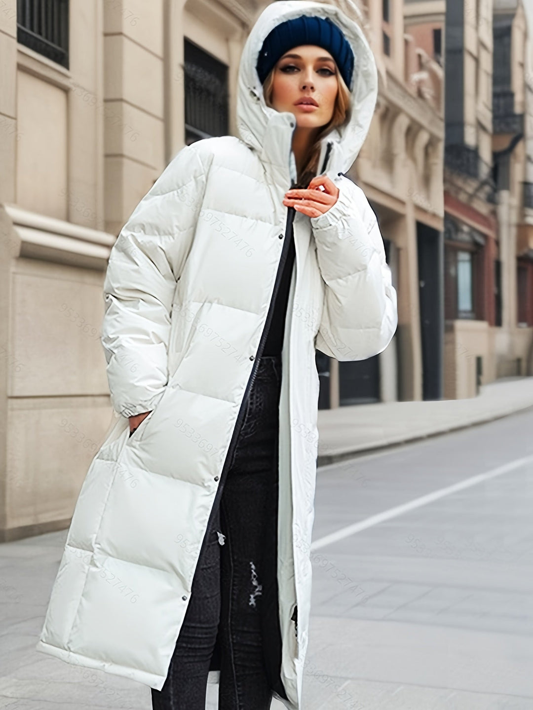 Women's long padded winter coat with hood, warm & stylish. Ideal fall/winter outerwear.