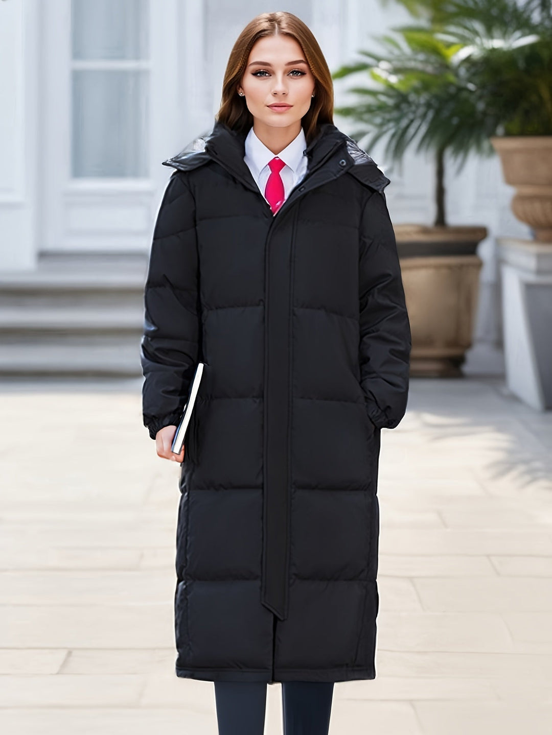 Women's warm long padded winter jacket with hood, essential for cold-weather comfort & style.