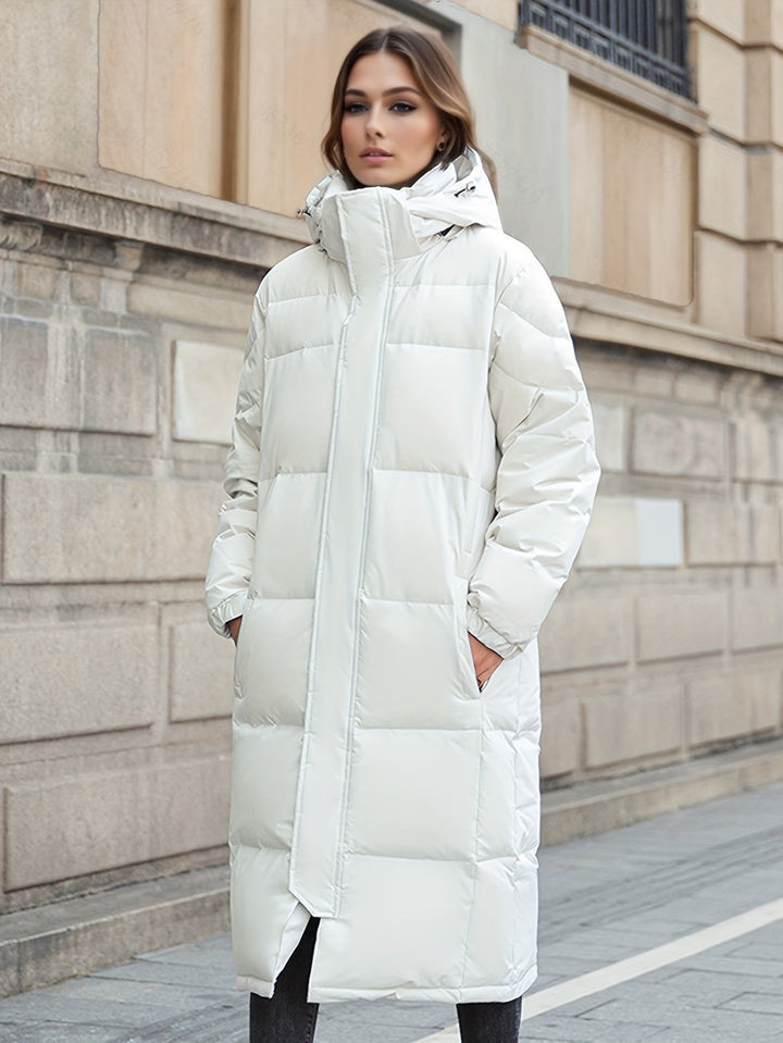 Women's hooded long padded jacket, a warm & stylish winter outerwear choice for women.