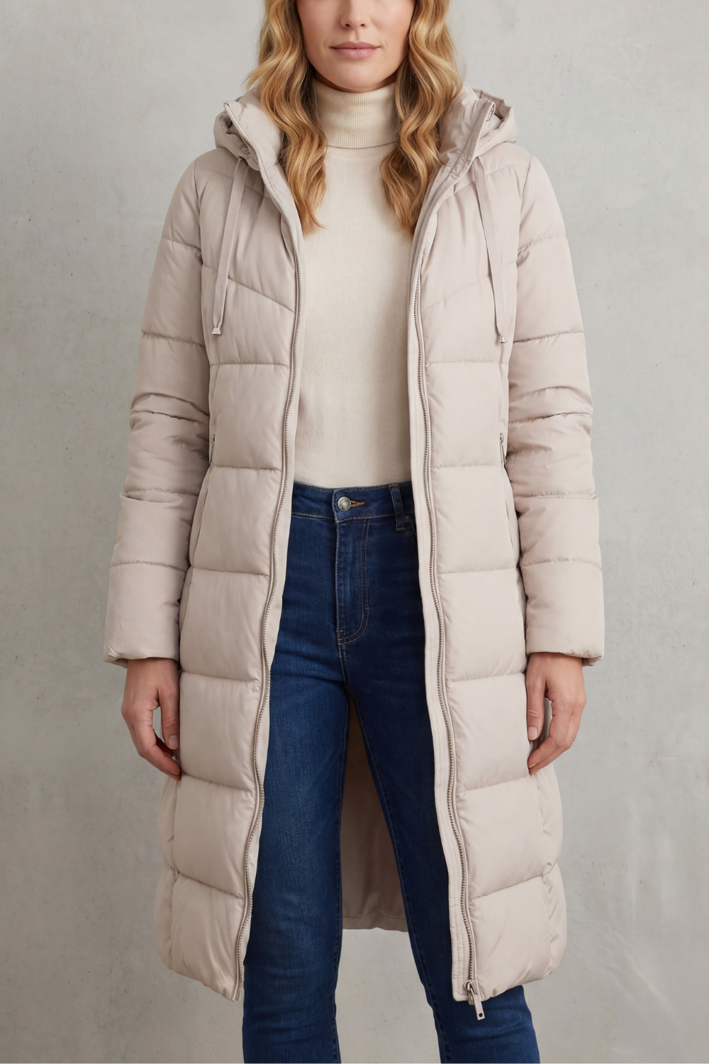 Women's long quilted puffer coat, warm & stylish for winter. Flattering fit outerwear for cold weather.