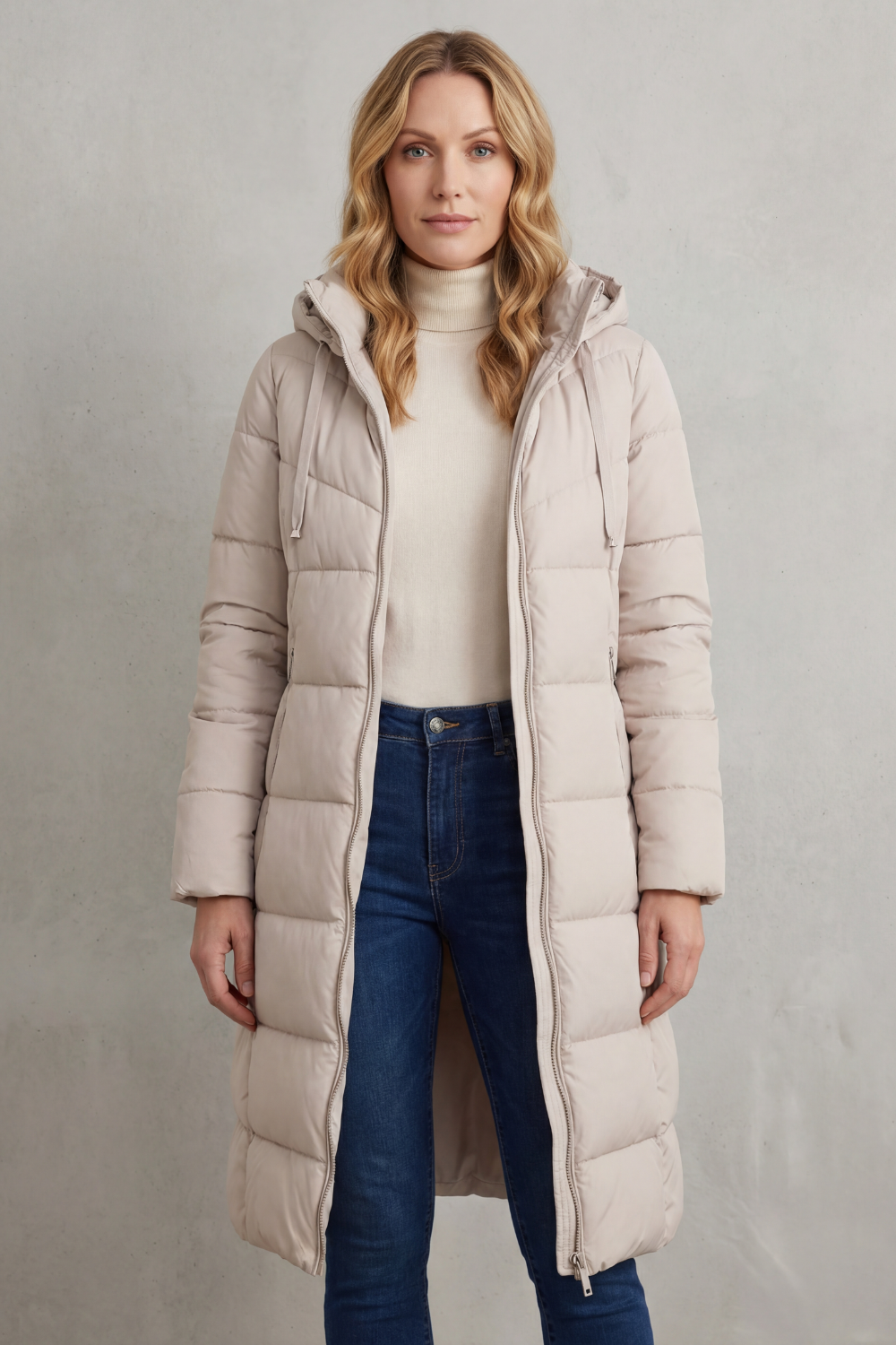 Ivory women's long quilted puffer coat. Warm, fashionable outerwear with a flattering fit for winter.
