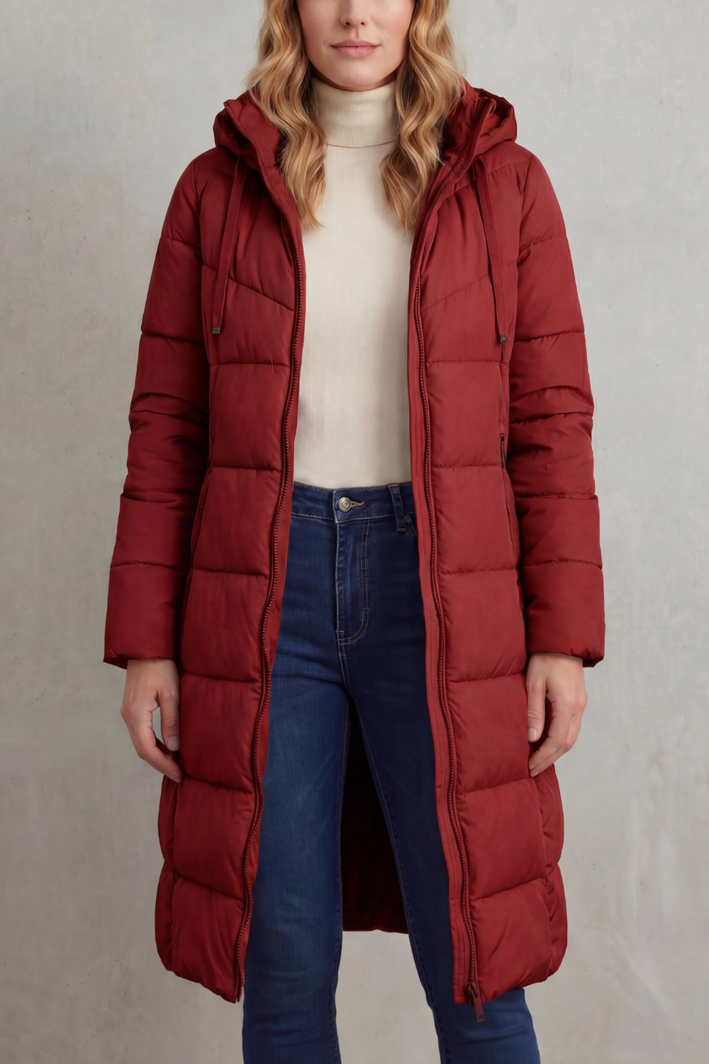 Warm women's long quilted puffer coat, perfect winter outerwear. Stylish & flattering fit for cold weather.