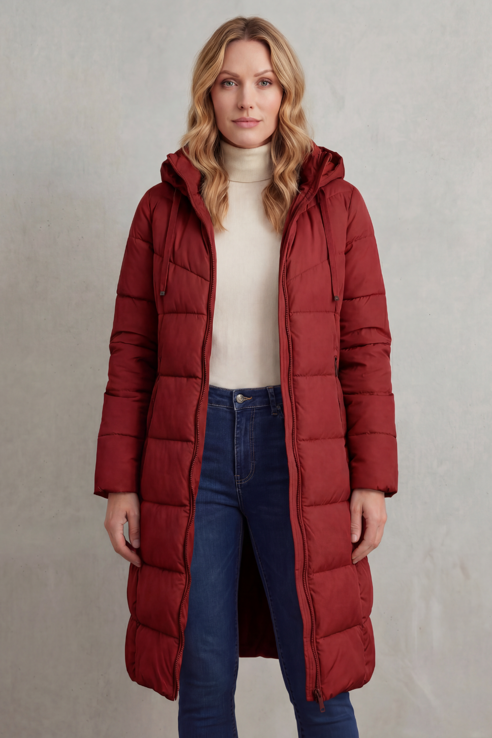 Stylish women's long quilted puffer coat, fashionable winter outerwear. Warm with a flattering fit.