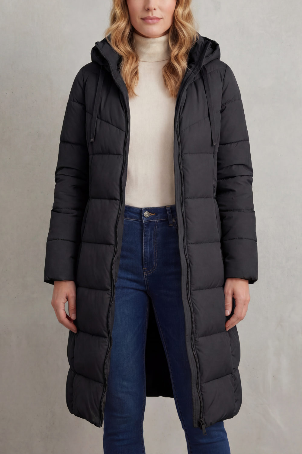 Women's long quilted puffer jacket, warm winter outerwear. Features a flattering fit & modern style.