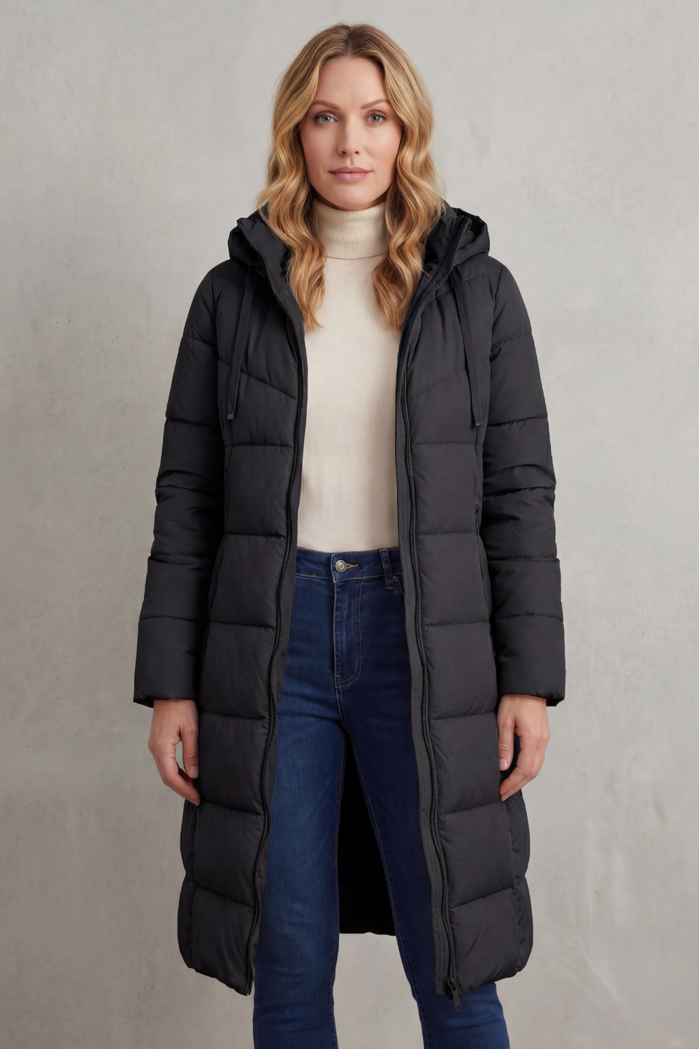 Long women's puffer coat, quilted for warmth & comfort. Fashionable outerwear protects against cold weather.