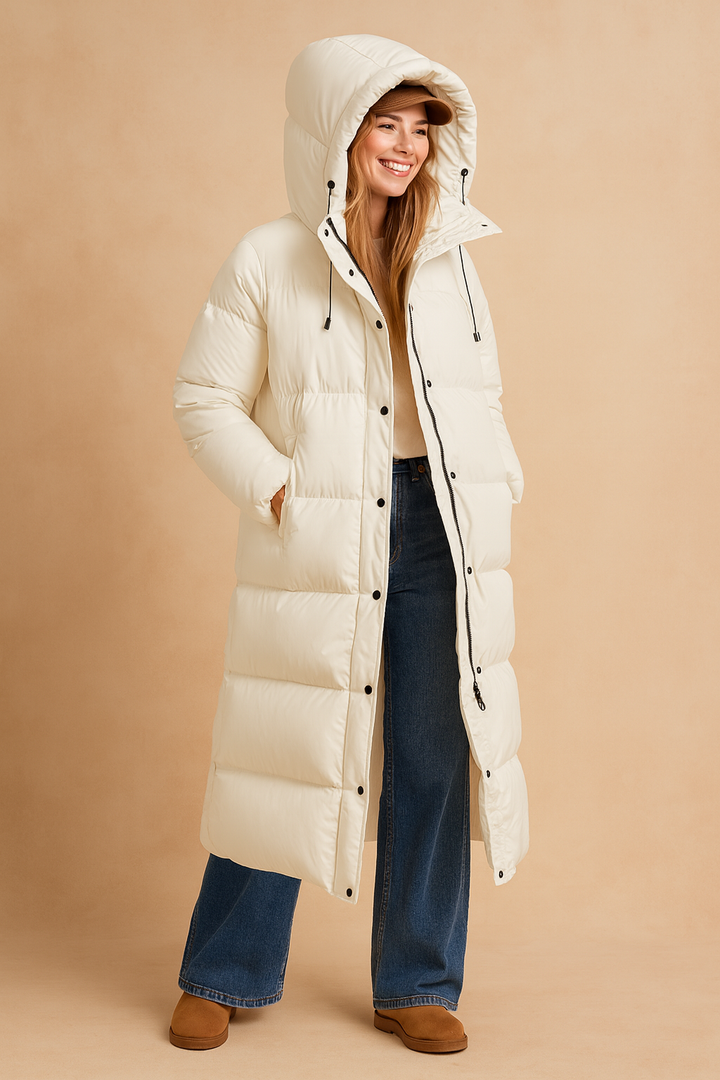 Close-up of warm, hooded winter jacket for women, showcasing quilted texture.