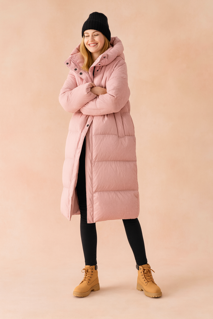 Fashionable women's long quilted coat with hood, perfect for cold weather.