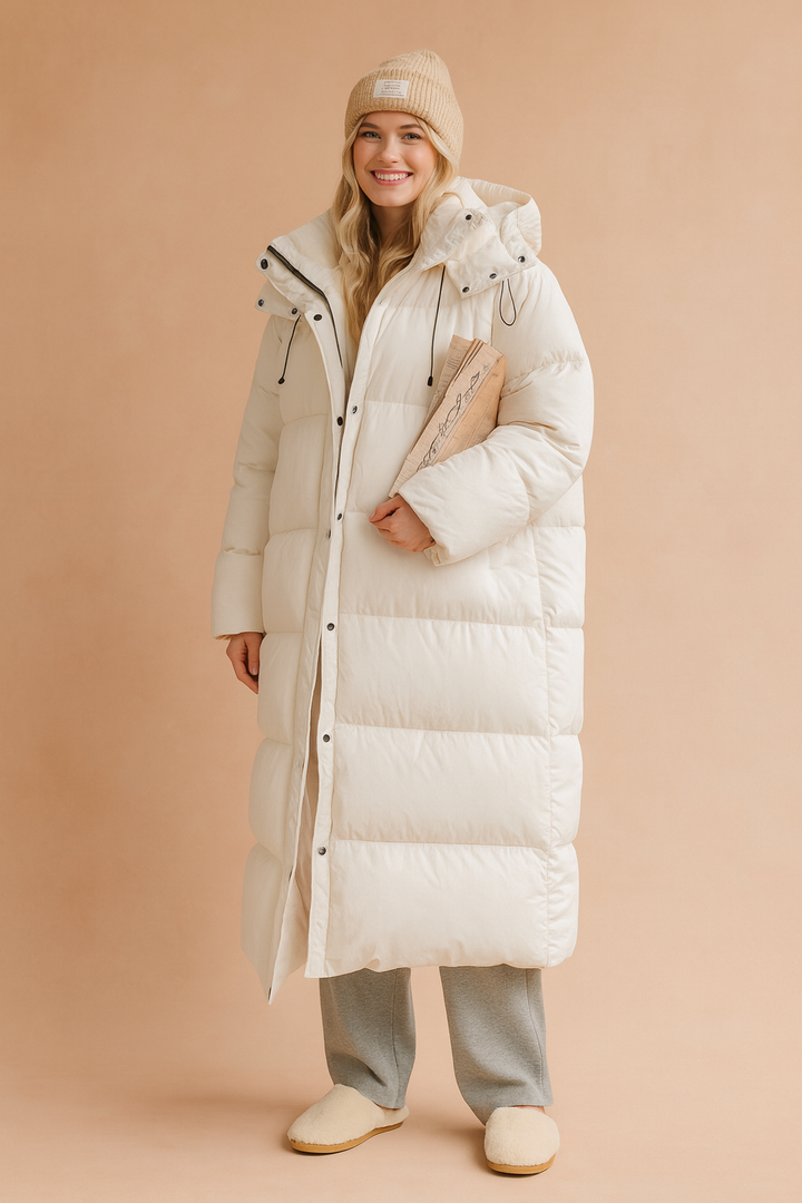 Durable and warm long hooded quilted jacket for women's winter fashion needs.
