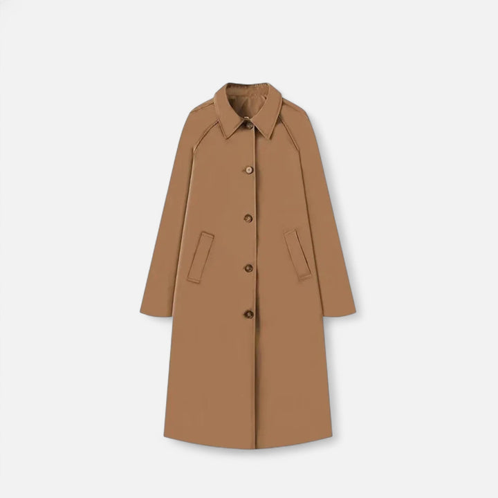 Women's long retro heritage khaki trench coat, single-breasted classic outerwear.