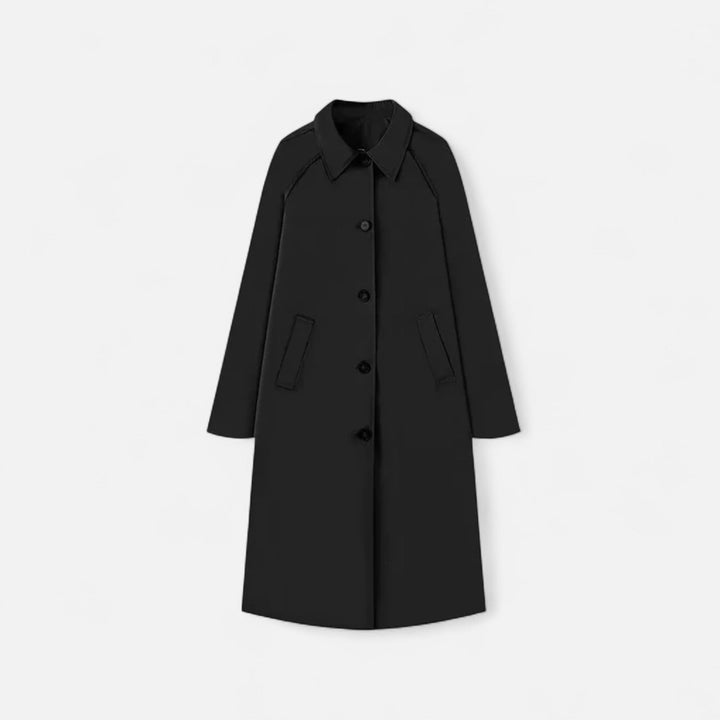 Khaki long trench coat for women, retro heritage design, timeless vintage fashion.