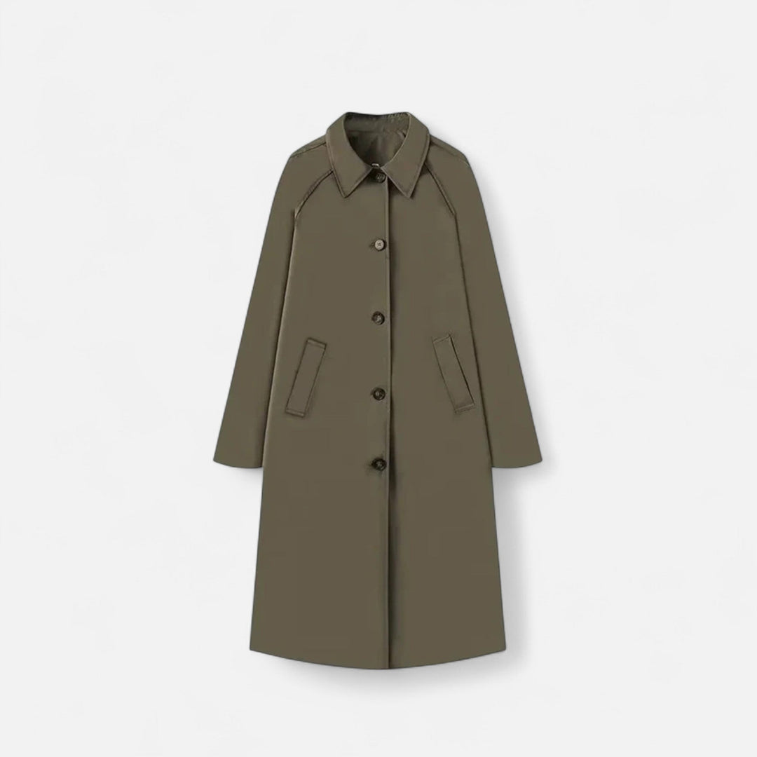 Brown women's long coat, retro heritage trench coat style, classic vintage fashion.