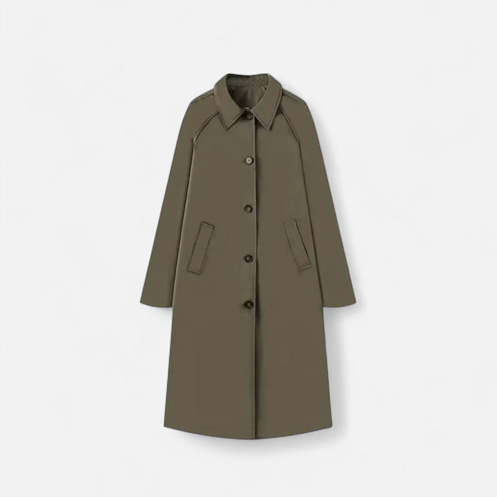 Brown women's long coat, retro heritage trench coat style, classic vintage fashion.