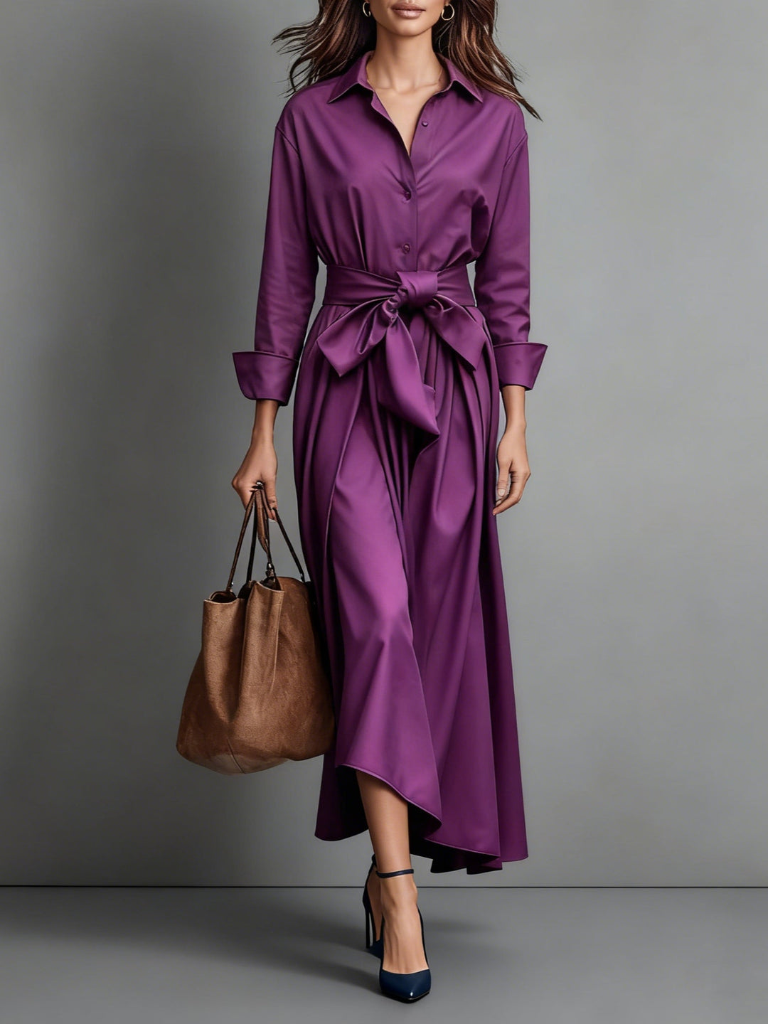 Women's long sleeve A-line midi dress with button front and tie belt, perfect for work, casual chic, and versatile fashion.