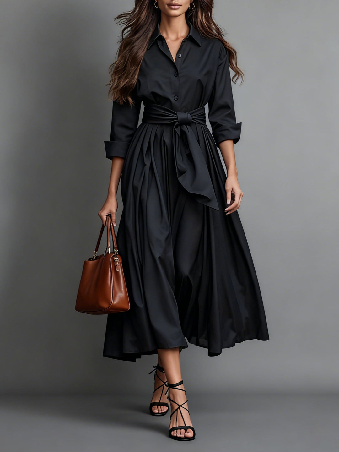 Versatile women's long sleeve button-front A-line midi dress with tie belt, ideal for workwear, casual or all-season styling.